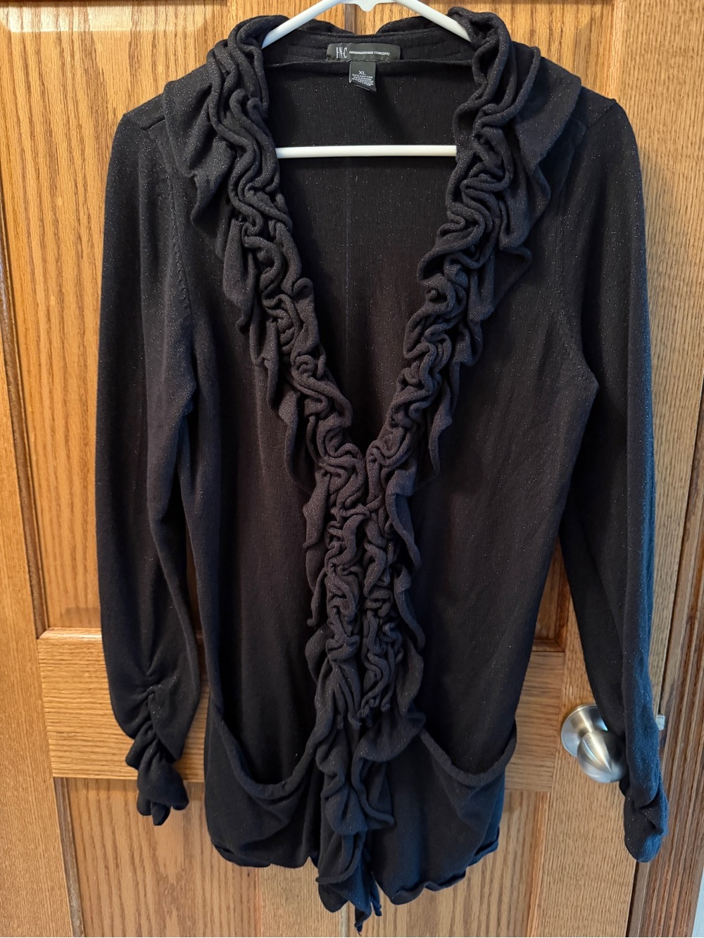 INC International Concepts Black XL Ruffle-Front Cardigan with Pockets